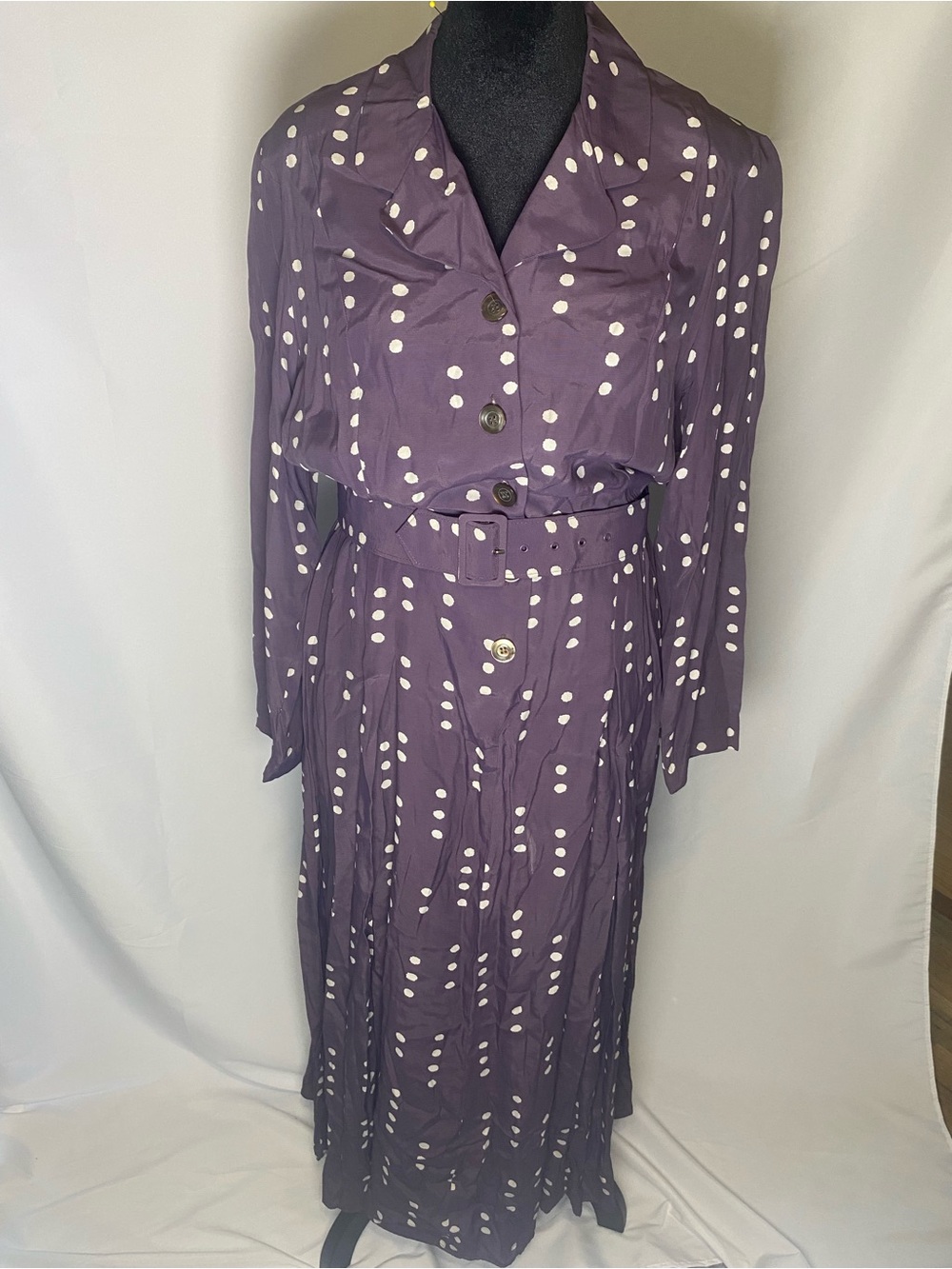 Laura Ashley Purple and White Polka Dot Long Sleeve Belted Dress